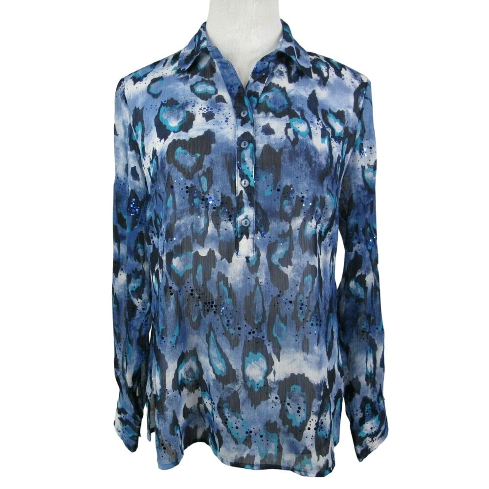 Erin London Button Front Sheer Blouse Tabbed Sleeves Size 8 Blue